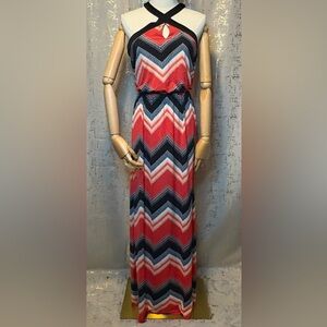 Trixxi Navy Blue, Hot Pink, and White Chevron Maxi Dress